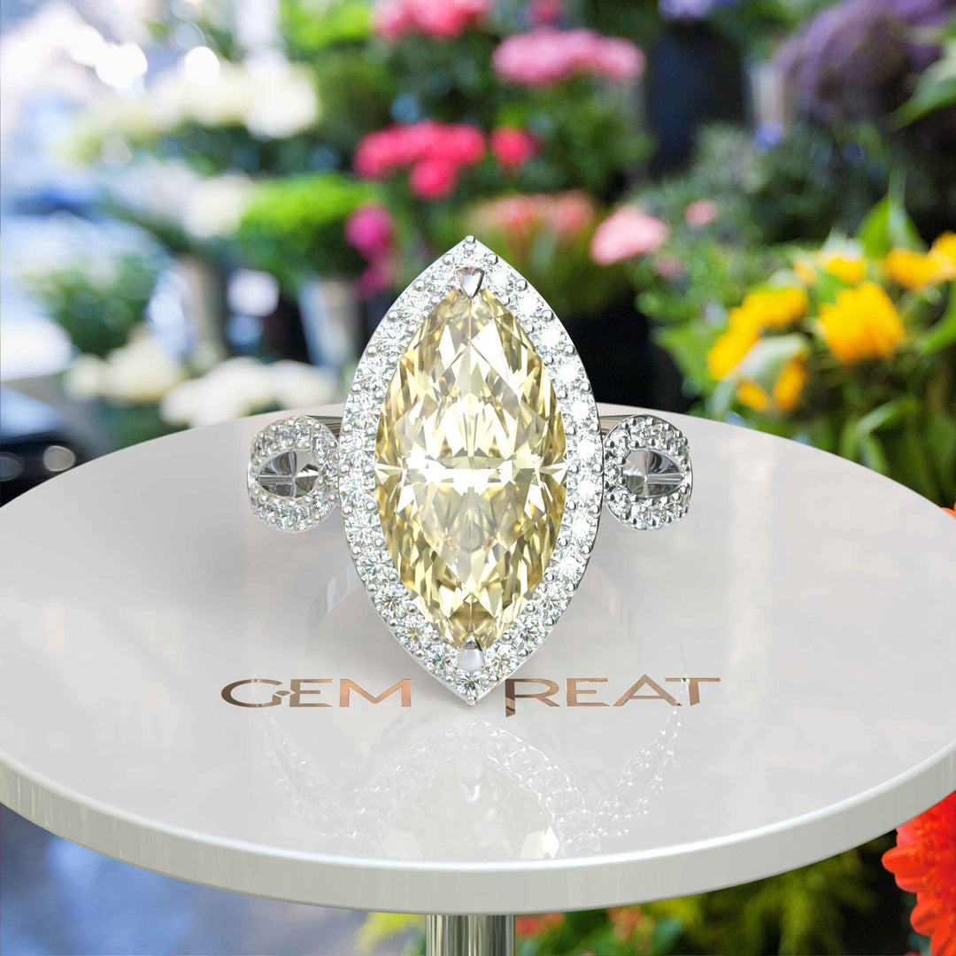 Sunlit Splendor: Expansive 8.0ct Marquise Yellow Moissanite Halo Ring.