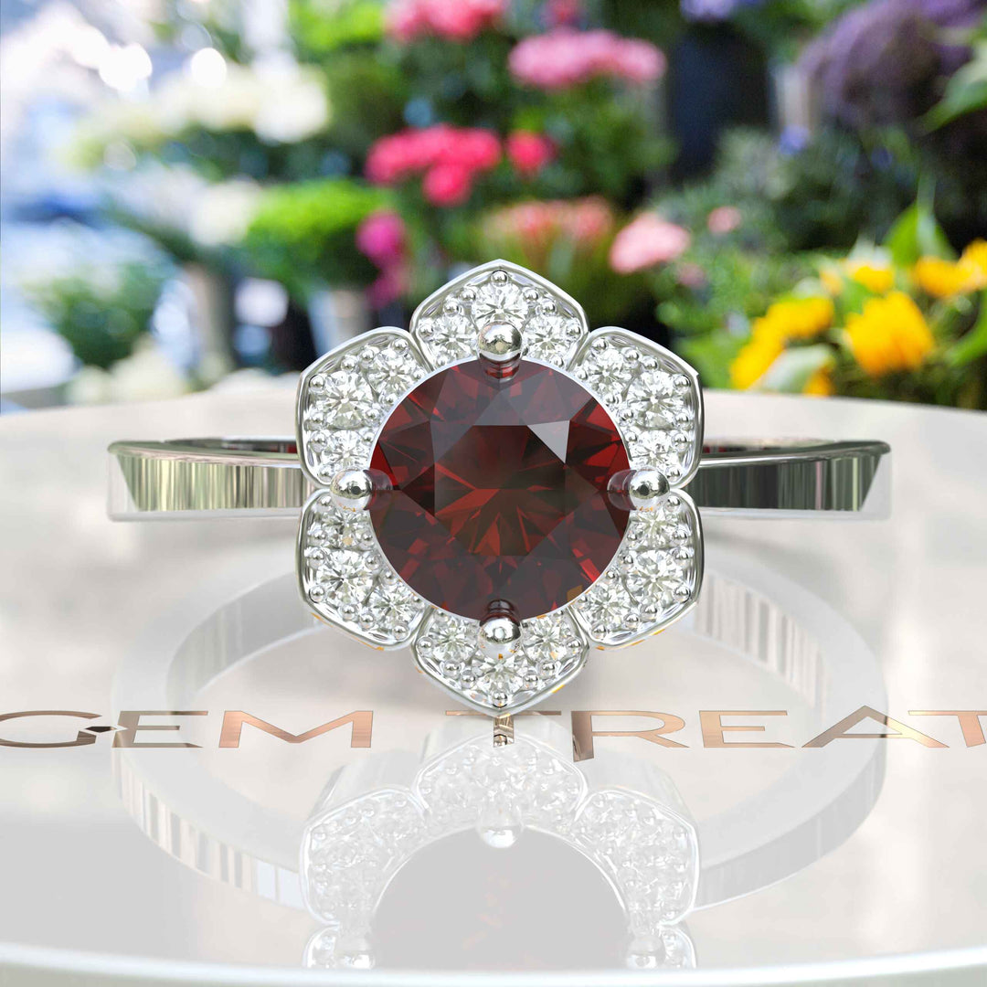 Blooming Floral Design with Round Garnet Halo Engagement Ring