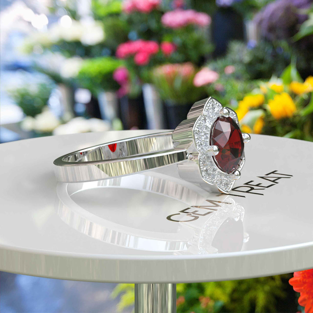 Blooming Floral Design with Round Garnet Halo Engagement Ring