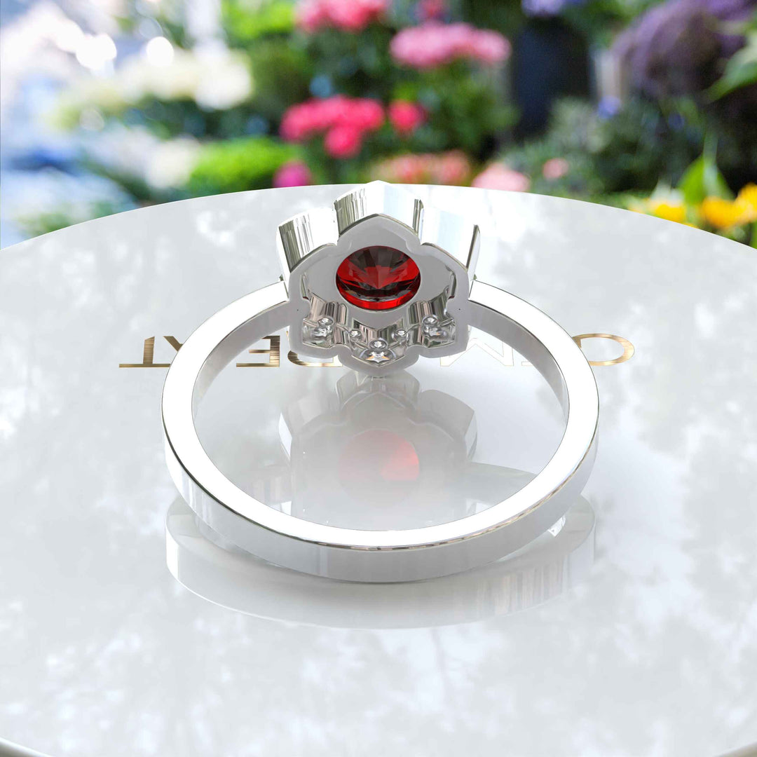 Blooming Floral Design with Round Garnet Halo Engagement Ring