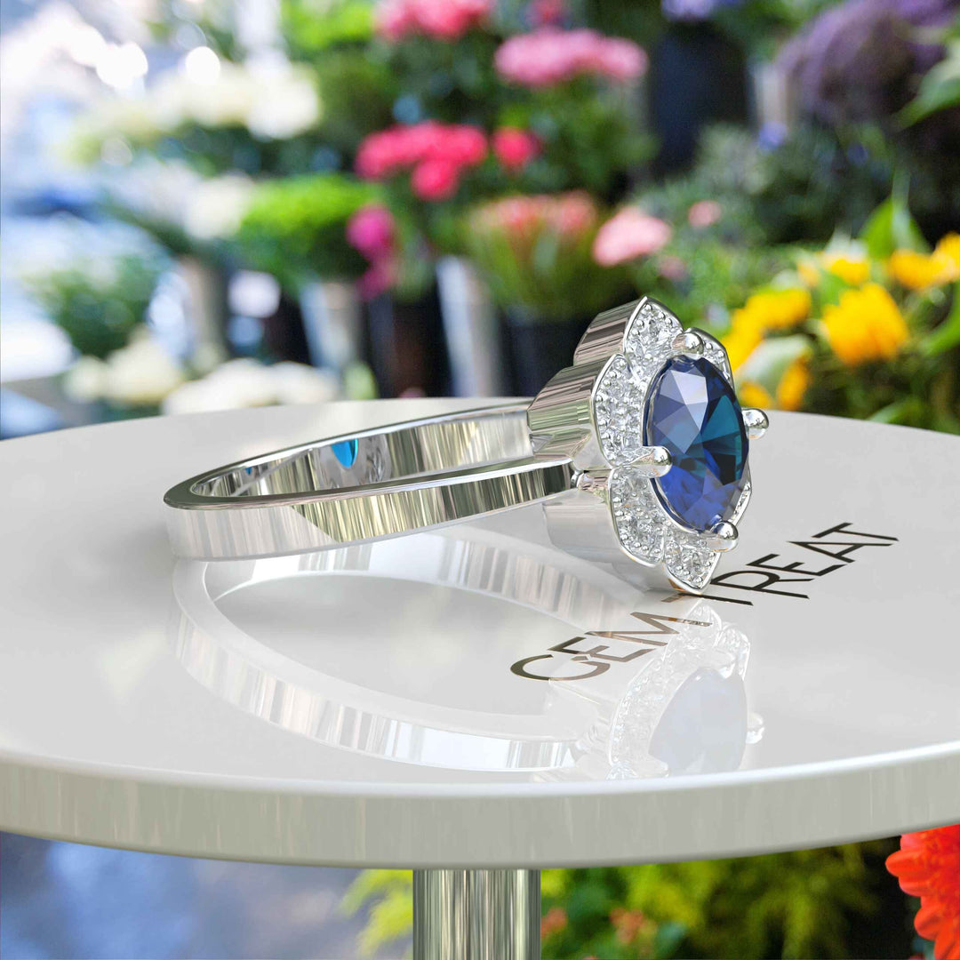 Elegant Round London Blue Topaz Ring with Moissanite Floral Halo