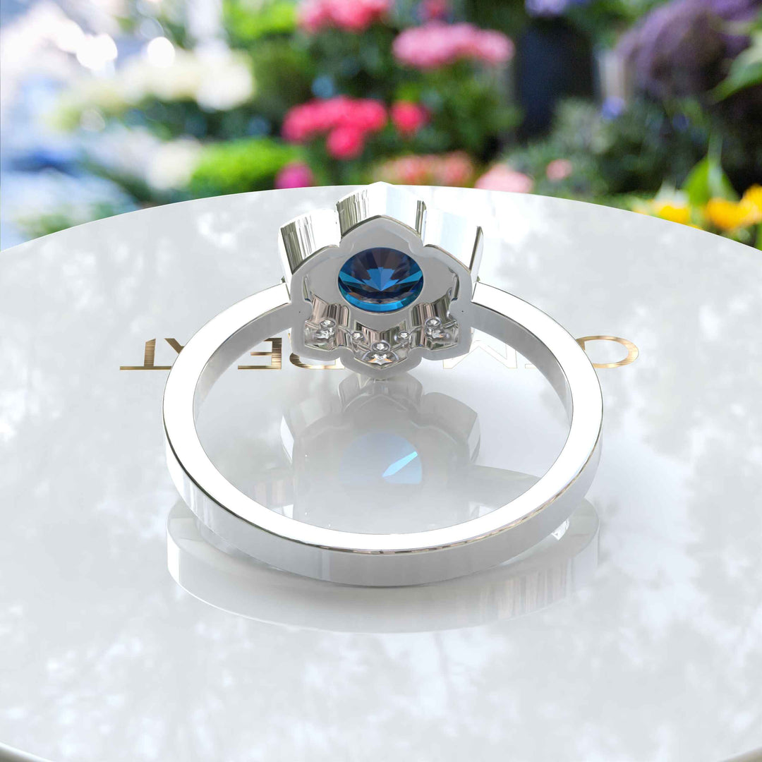 Elegant Round London Blue Topaz Ring with Moissanite Floral Halo