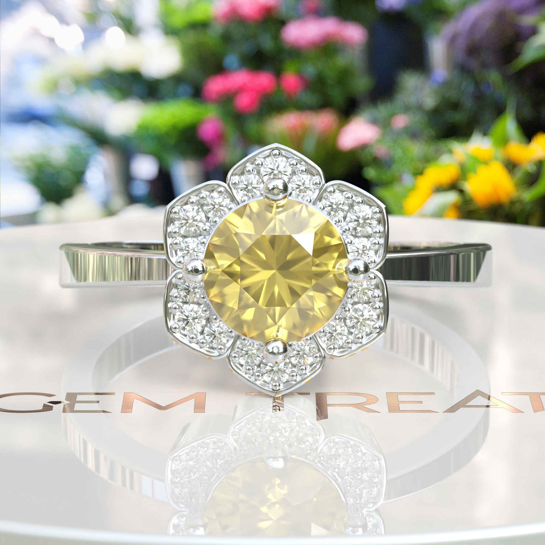 Blossoming Brilliance: Floral-Styled Round Yellow Sapphire Ring with Moissanite Halo.