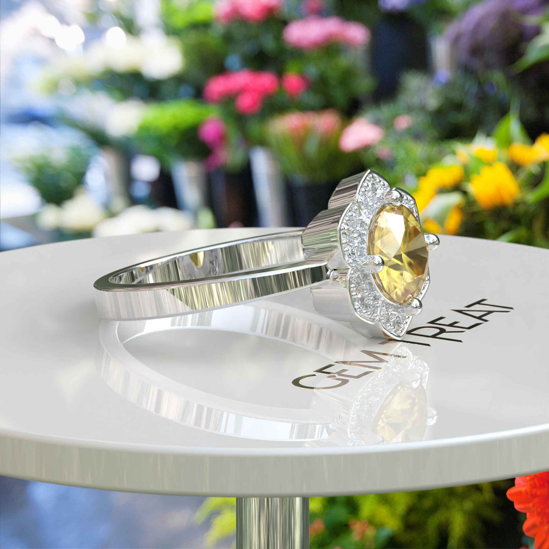 Blossoming Brilliance: Floral-Styled Round Yellow Sapphire Ring with Moissanite Halo.