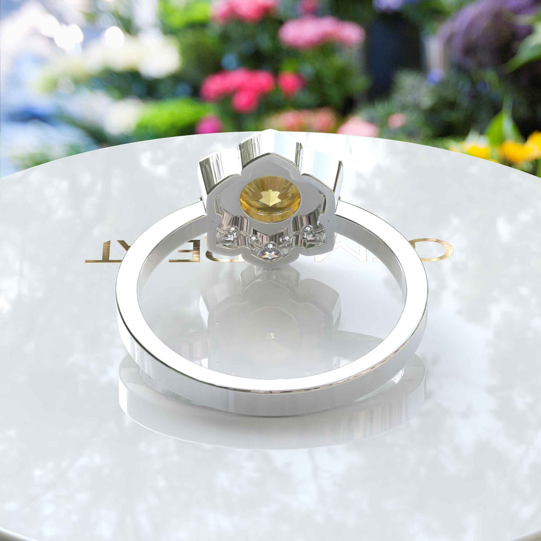 Blossoming Brilliance: Floral-Styled Round Yellow Sapphire Ring with Moissanite Halo.