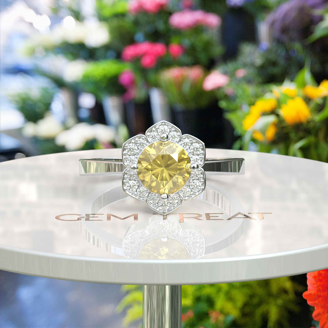 Blossoming Brilliance: Floral-Styled Round Yellow Sapphire Ring with Moissanite Halo.