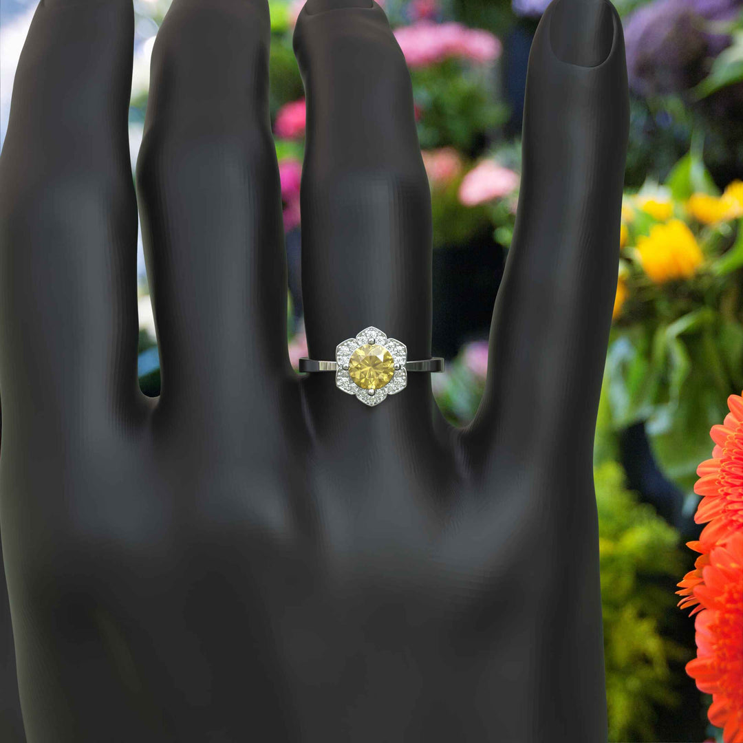 Blossoming Brilliance: Floral-Styled Round Yellow Sapphire Ring with Moissanite Halo.