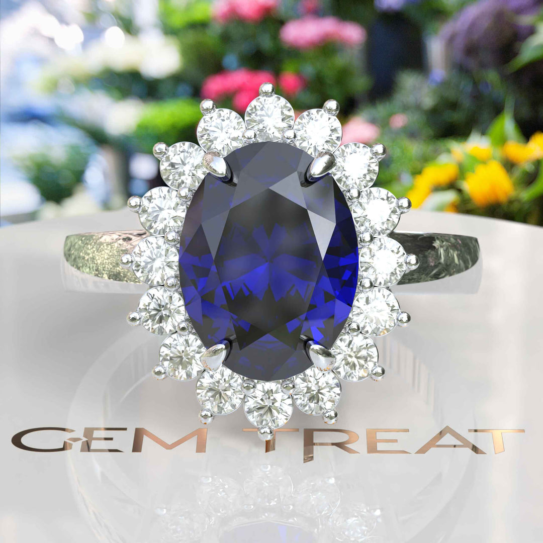 The Pinnacle of Romance: 4.0ct Oval Blue Sapphire Halo Ring Adorned with Moissanite Accents.