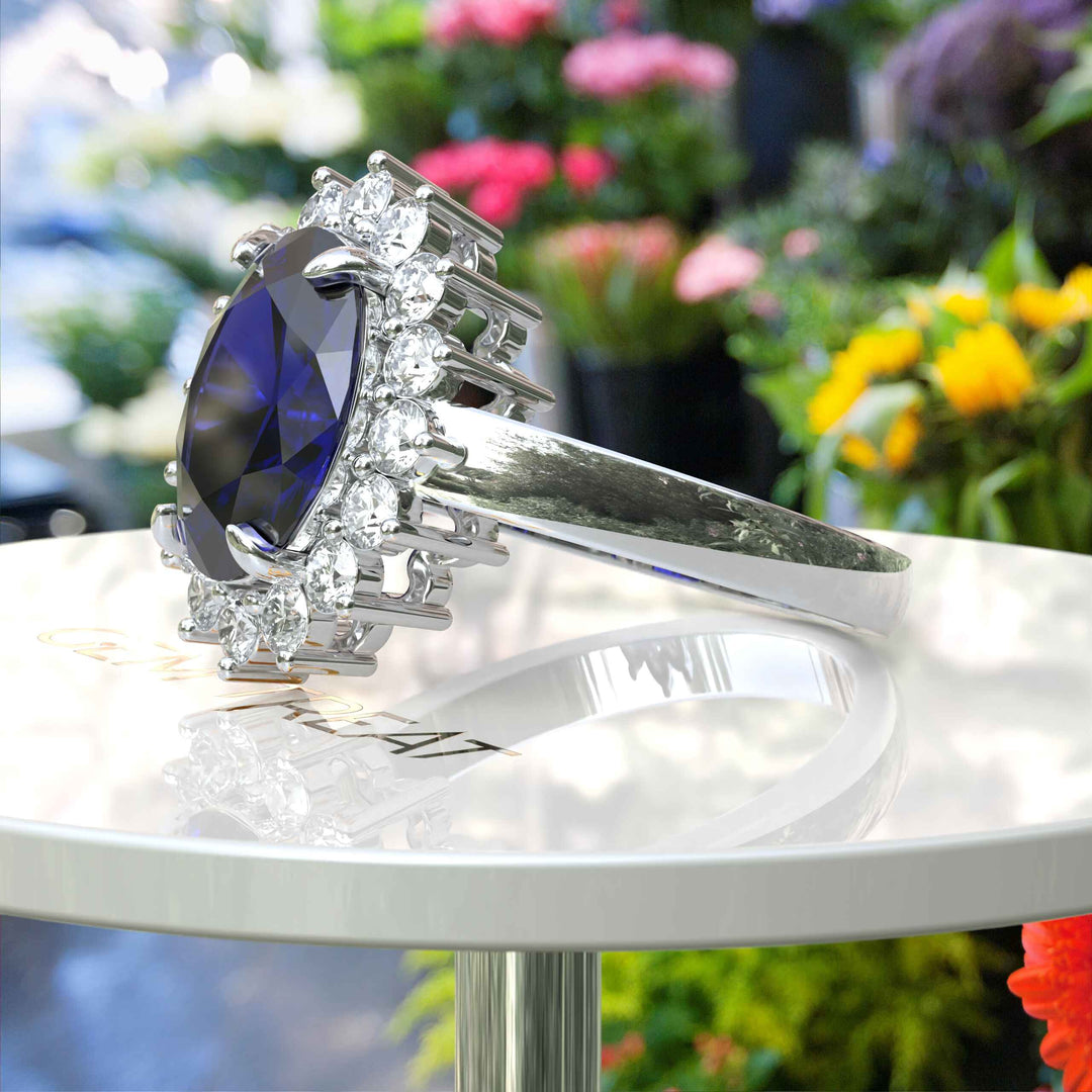 The Pinnacle of Romance: 4.0ct Oval Blue Sapphire Halo Ring Adorned with Moissanite Accents.