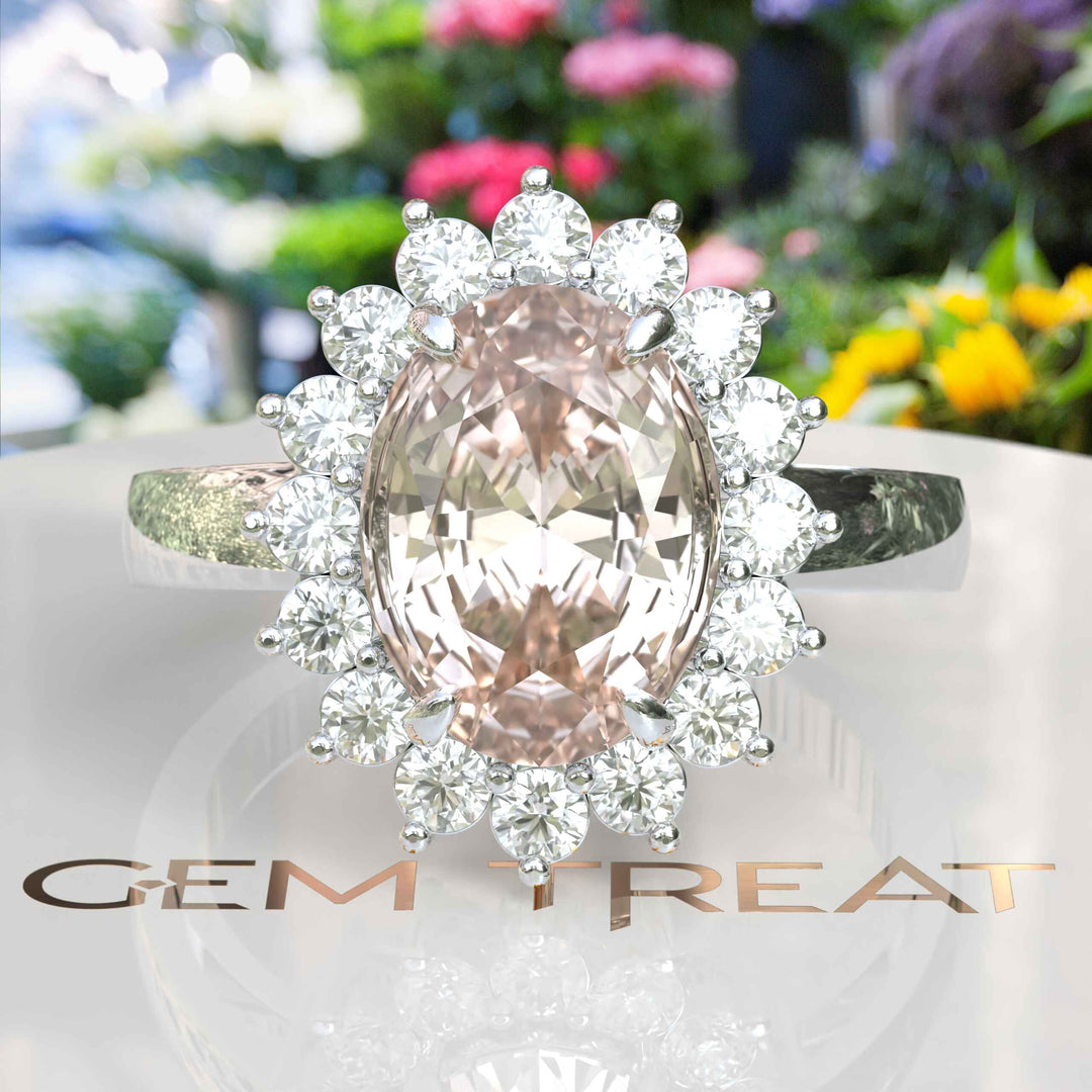 Elegant 4.0ct Oval Morganite Ring Surrounded by Glistening Moissanite Halo