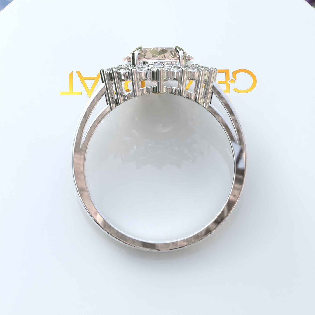 Elegant 4.0ct Oval Morganite Ring Surrounded by Glistening Moissanite Halo