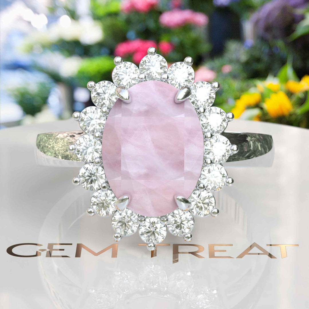 Ethereal Glow: 4.0ct Rose Quartz Oval Ring with Dazzling Moissanite Halo.