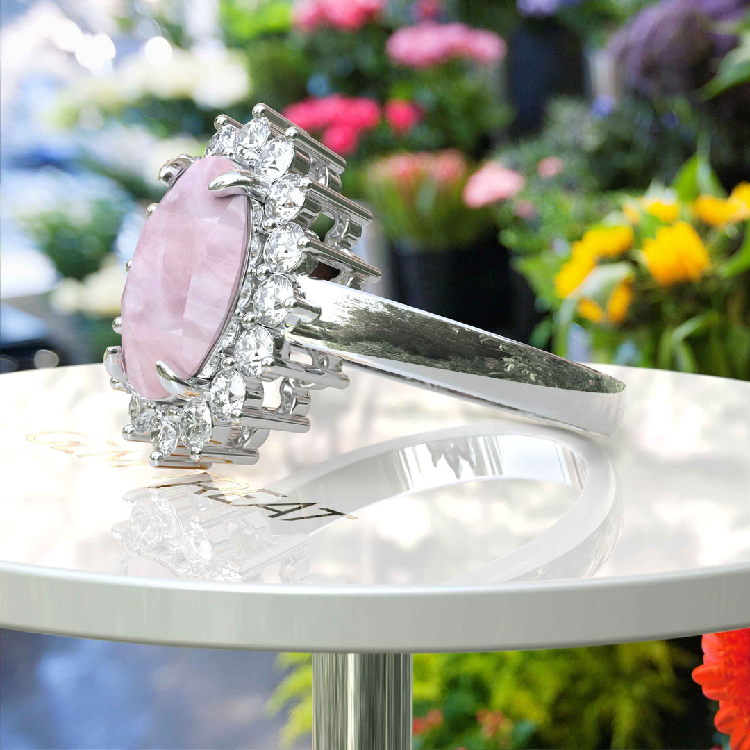 Ethereal Glow: 4.0ct Rose Quartz Oval Ring with Dazzling Moissanite Halo.