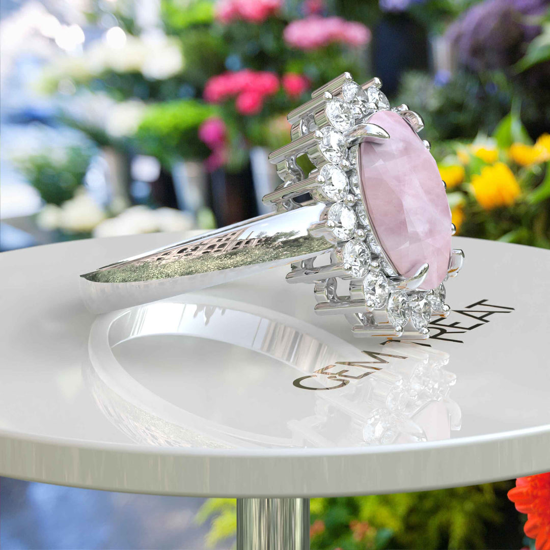 Ethereal Glow: 4.0ct Rose Quartz Oval Ring with Dazzling Moissanite Halo.