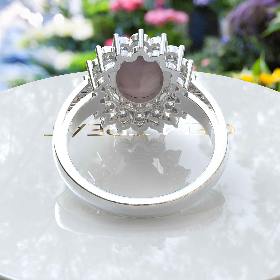 Ethereal Glow: 4.0ct Rose Quartz Oval Ring with Dazzling Moissanite Halo.