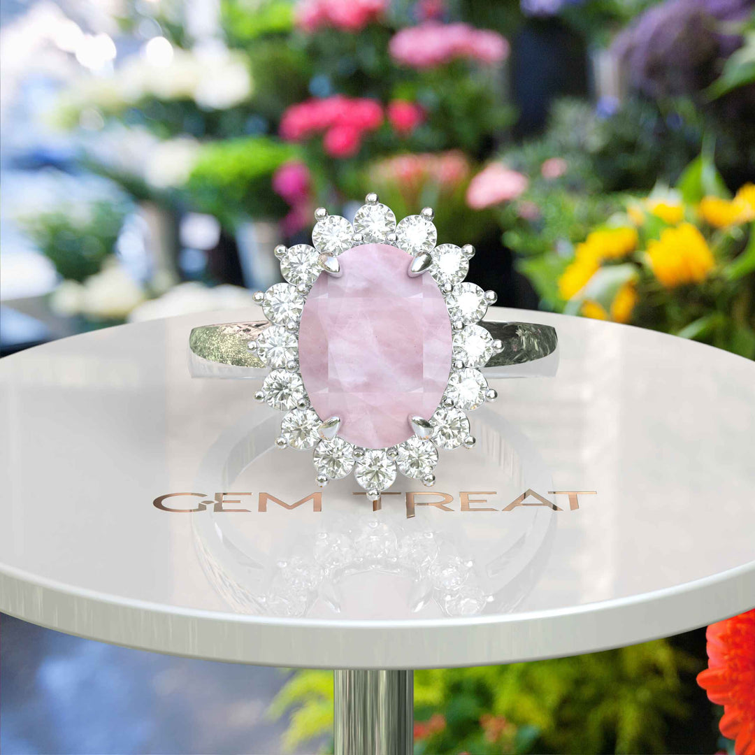 Ethereal Glow: 4.0ct Rose Quartz Oval Ring with Dazzling Moissanite Halo.