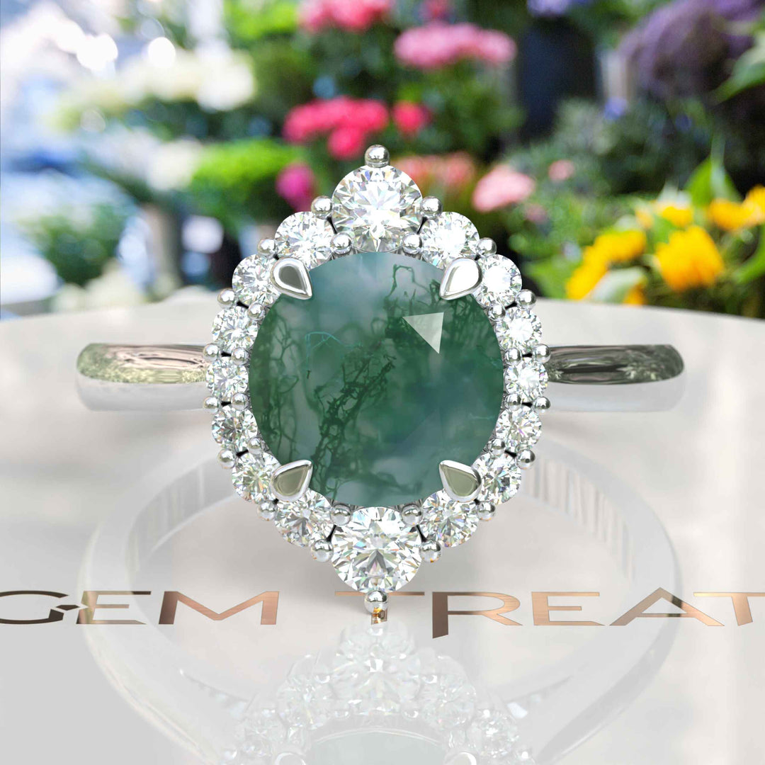 Charming Round Moss Agate Engagement Ring Adorned with Moissanite Halo