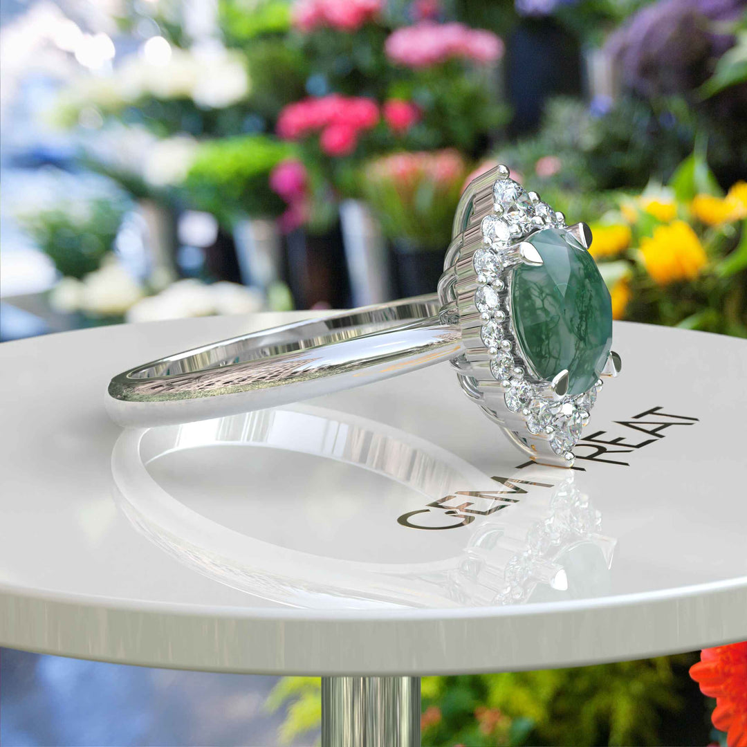 Charming Round Moss Agate Engagement Ring Adorned with Moissanite Halo