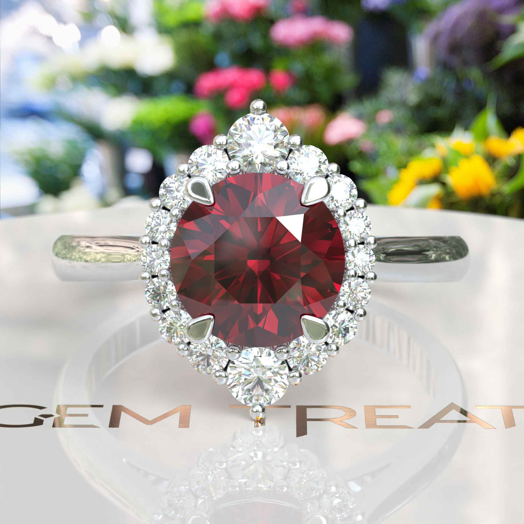 Regal Red: Glimmering 2.0ct Ruby Ring with Radiant Moissanite Halo.