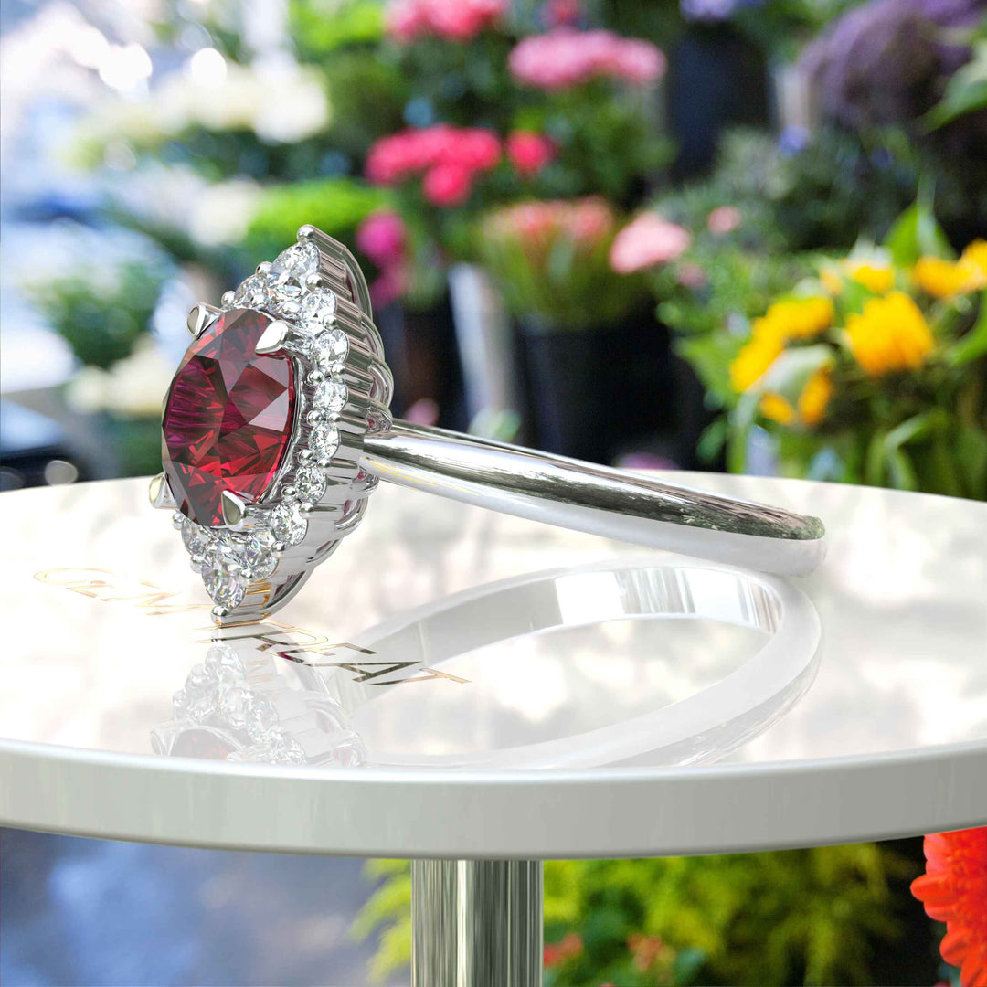 Regal Red: Glimmering 2.0ct Ruby Ring with Radiant Moissanite Halo.