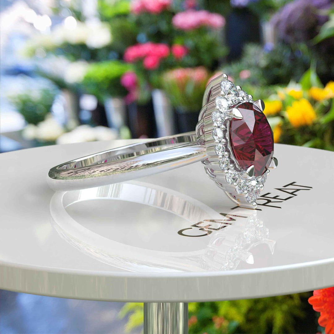 Regal Red: Glimmering 2.0ct Ruby Ring with Radiant Moissanite Halo.