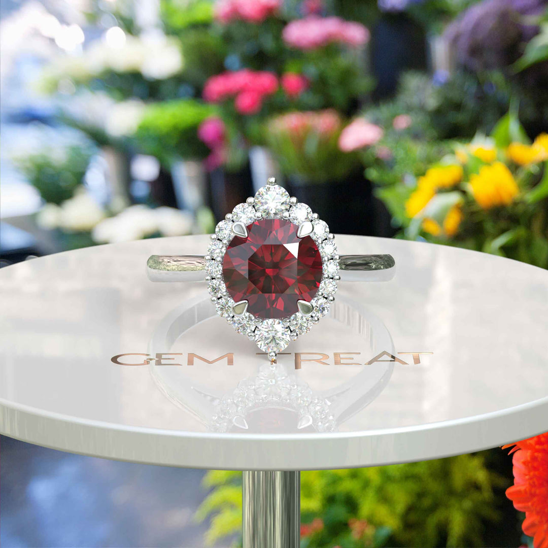 Regal Red: Glimmering 2.0ct Ruby Ring with Radiant Moissanite Halo.