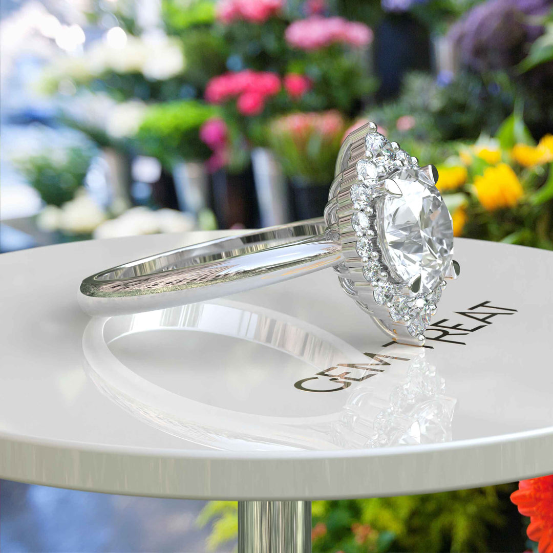 Eternal Sparkle: Engagement Ring Featuring 2ct White Moissanite in a Luminous Halo.