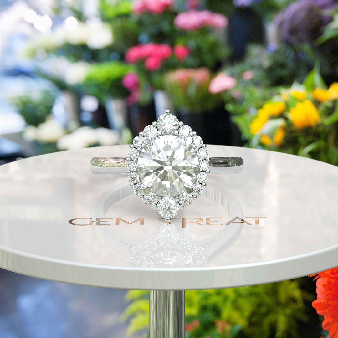 Eternal Sparkle: Engagement Ring Featuring 2ct White Moissanite in a Luminous Halo.