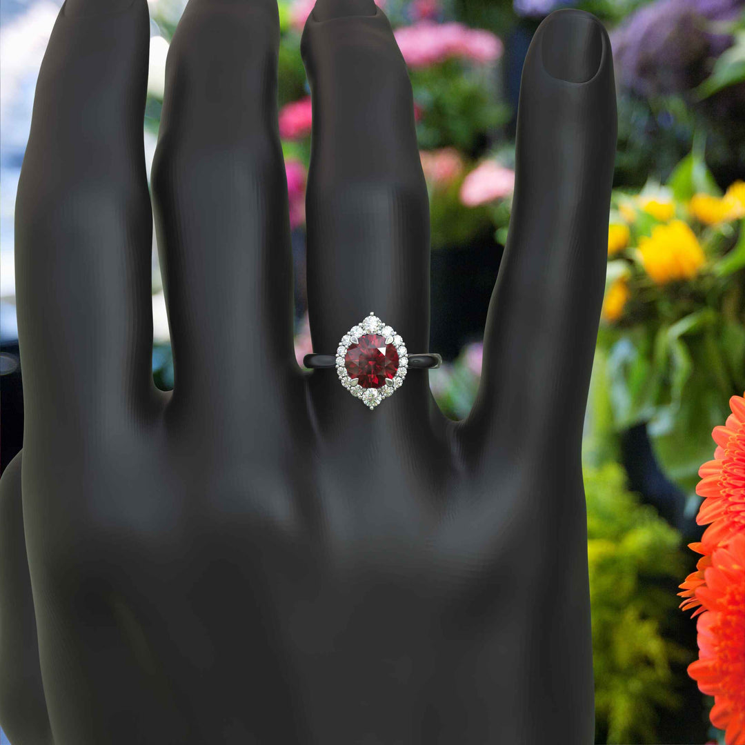 Regal Red: Glimmering 2.0ct Ruby Ring with Radiant Moissanite Halo.