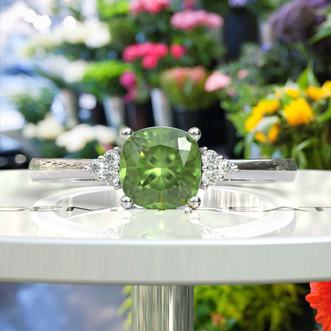 Stunning Cushion Cut Peridot Statement Ring with Moissanite Side Stones